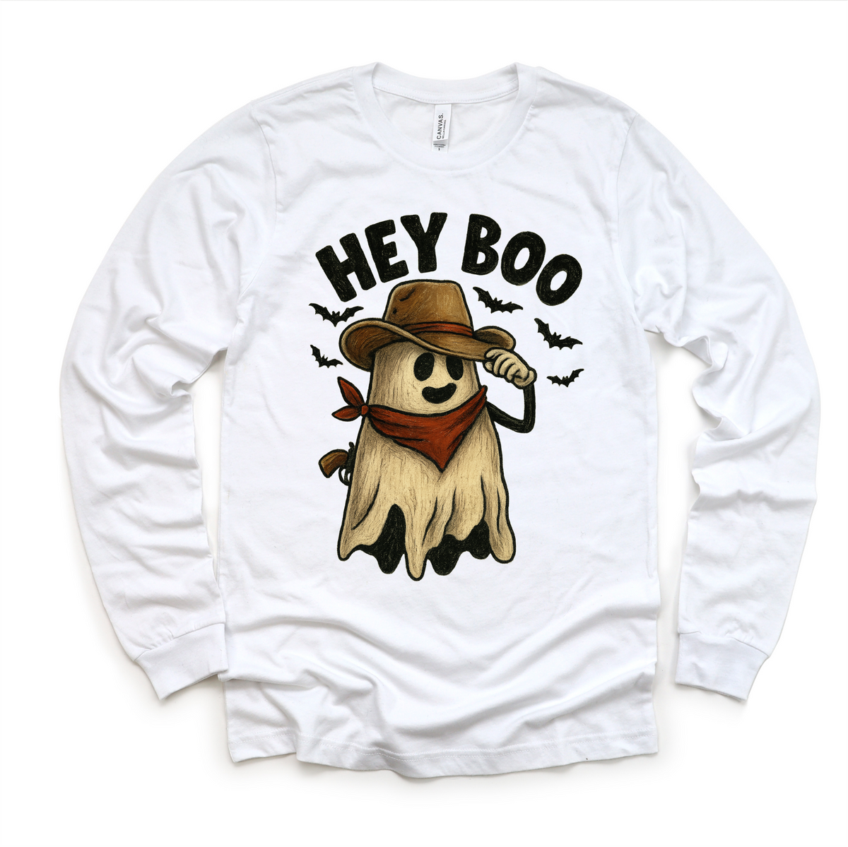 Hey Boo Western Halloween design on a long sleeve shirt.