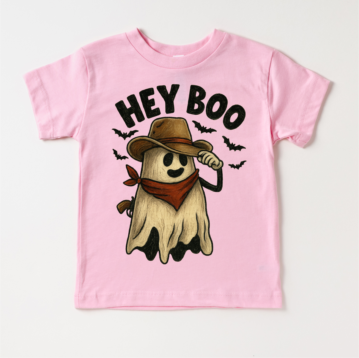 Hey Boo Western Halloween design on a pink garment.