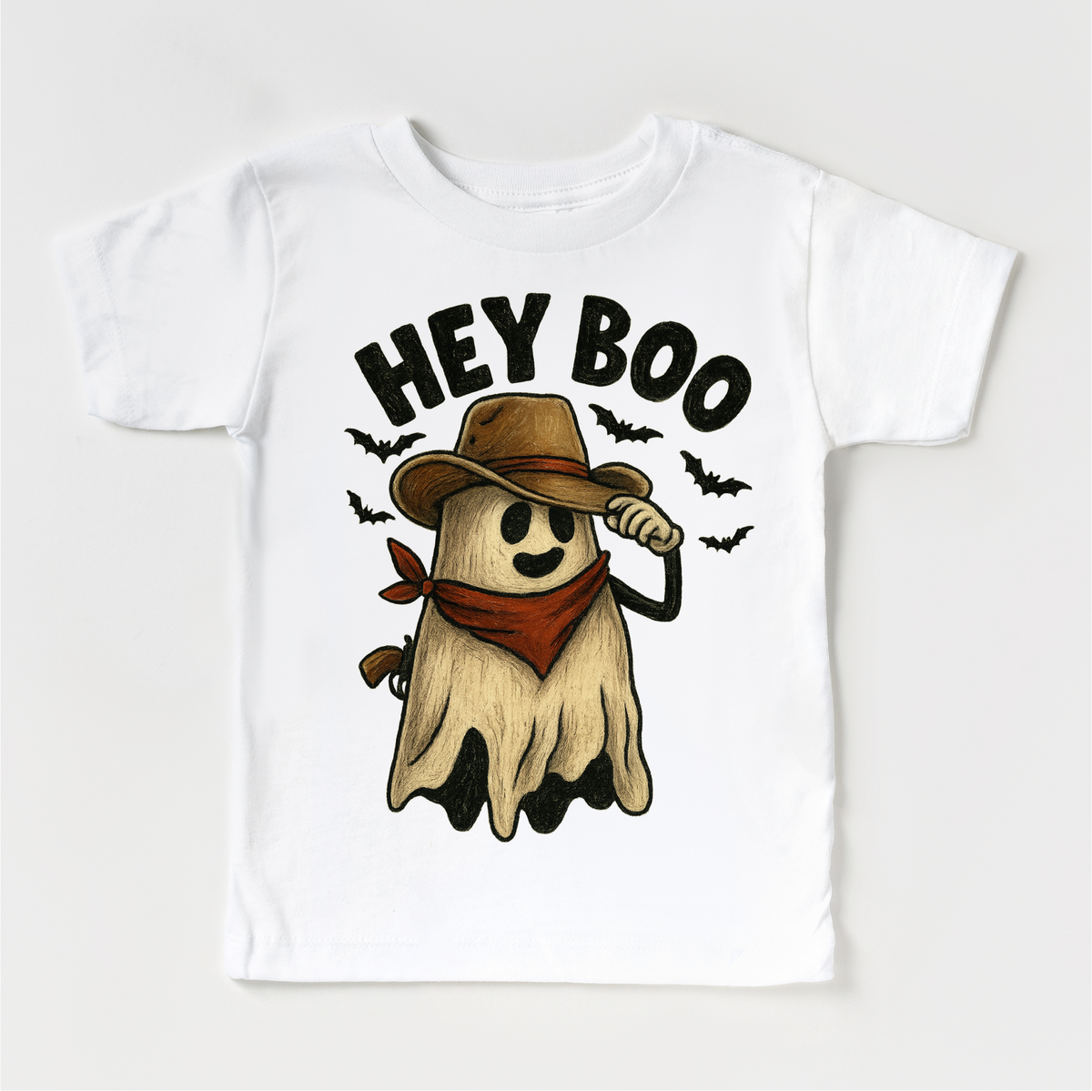 Hey Boo Western Halloween design on a white garment.