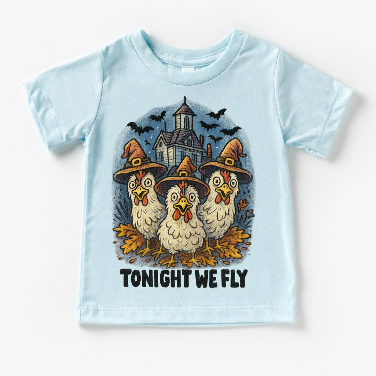 Tonight We Fly Chicken Witch Halloween design on a blue garment.