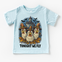 Tonight We Fly Chicken Witch Halloween design on a blue garment.
