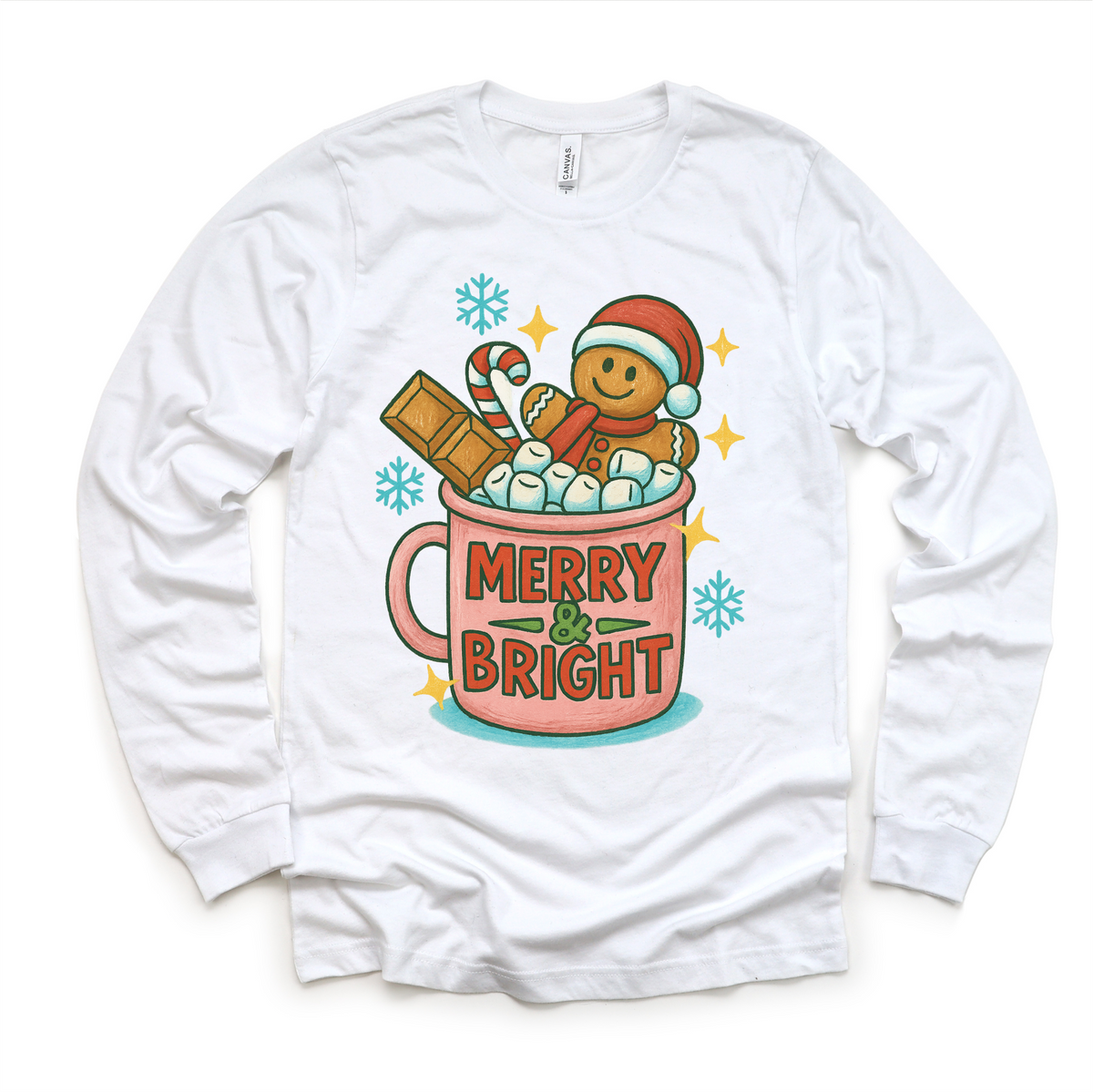 Merry & Bright Gingerbread Man design on a long sleeve shirt.