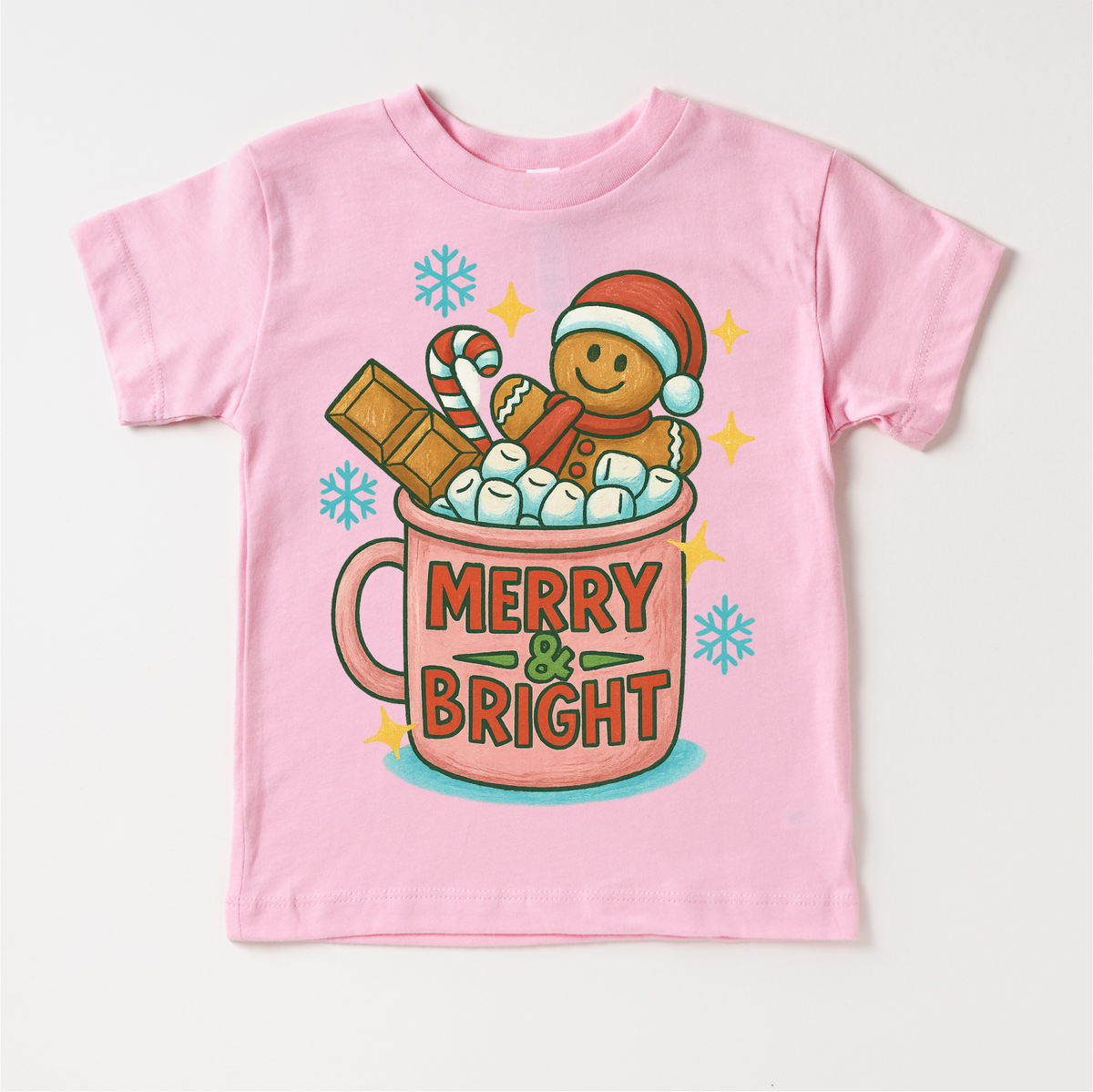 Merry & Bright Gingerbread Man design on a pink garment.