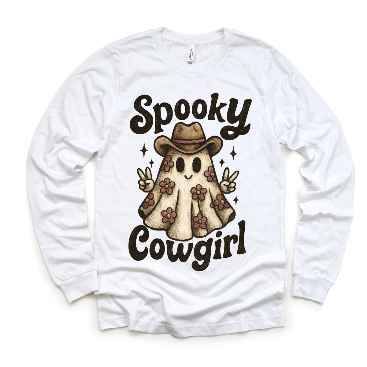 Spooky Cowgirl Halloween design on a long sleeve shirt.
