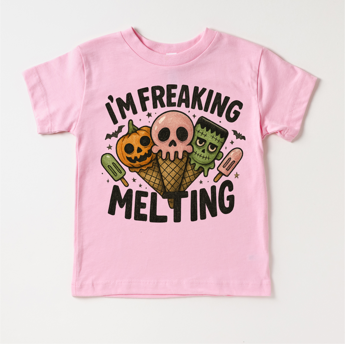 I'm Freaking Melting Ice-cream Halloween design on a pink garment.