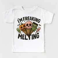 I'm Freaking Melting Ice-cream Halloween design on a white garment.