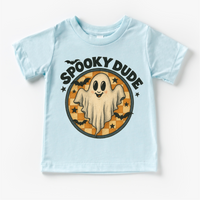 Spooky Dude Ghost Halloween design on a blue garment.