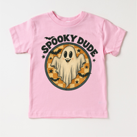 Spooky Dude Ghost Halloween design on a pink garment.