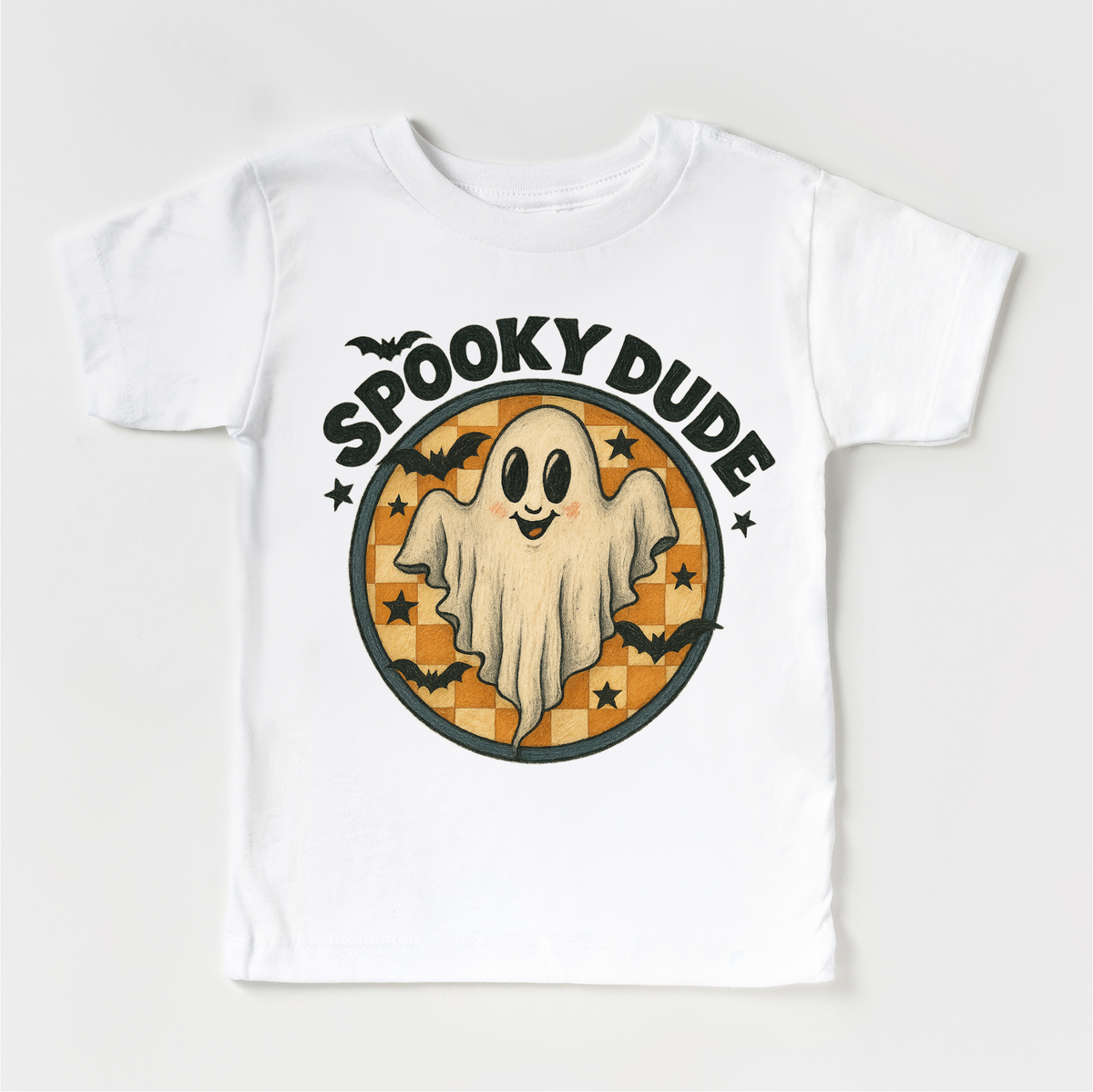 Spooky Dude Ghost Halloween design on a white garment.