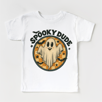 Spooky Dude Ghost Halloween design on a white garment.