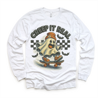 Creep It Real Skateboard Ghost Halloween design on a long sleeve shirt.