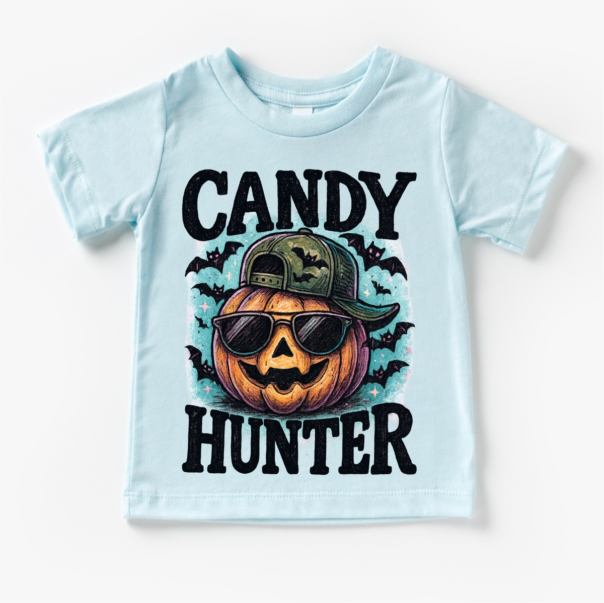 Candy Hunter Halloween design on a blue garment.