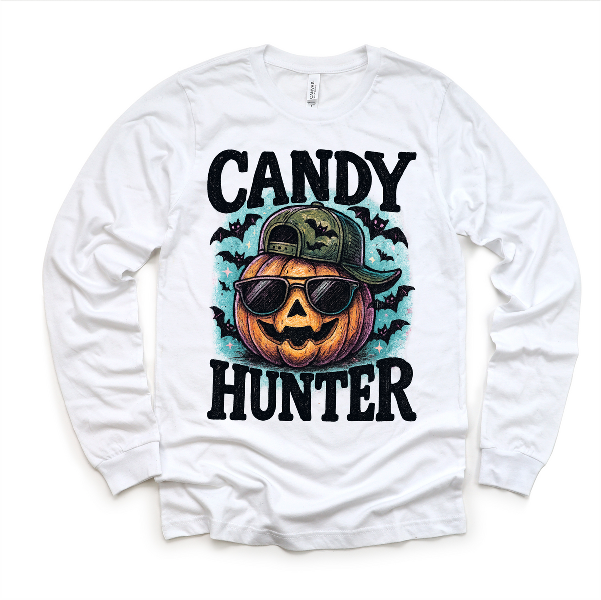 Candy Hunter Halloween design on a long sleeve shirt.