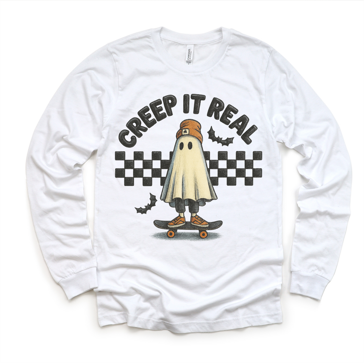 Retro Creep It Reel Skater Halloween design on a long sleeve shirt.