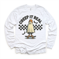 Retro Creep It Reel Skater Halloween design on a long sleeve shirt.