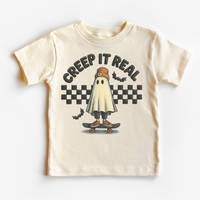 Retro Creep It Reel Skater Halloween graphic T-shirt by Madi Moosh