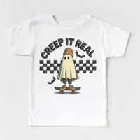 Retro Creep It Reel Skater Halloween design on a white garment.