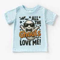 All The Ghouls Love Me Halloween design on a blue garment.