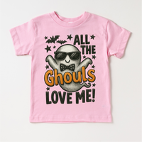 All The Ghouls Love Me Halloween design on a pink garment.