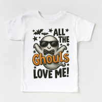 All The Ghouls Love Me Halloween design on a white garment.