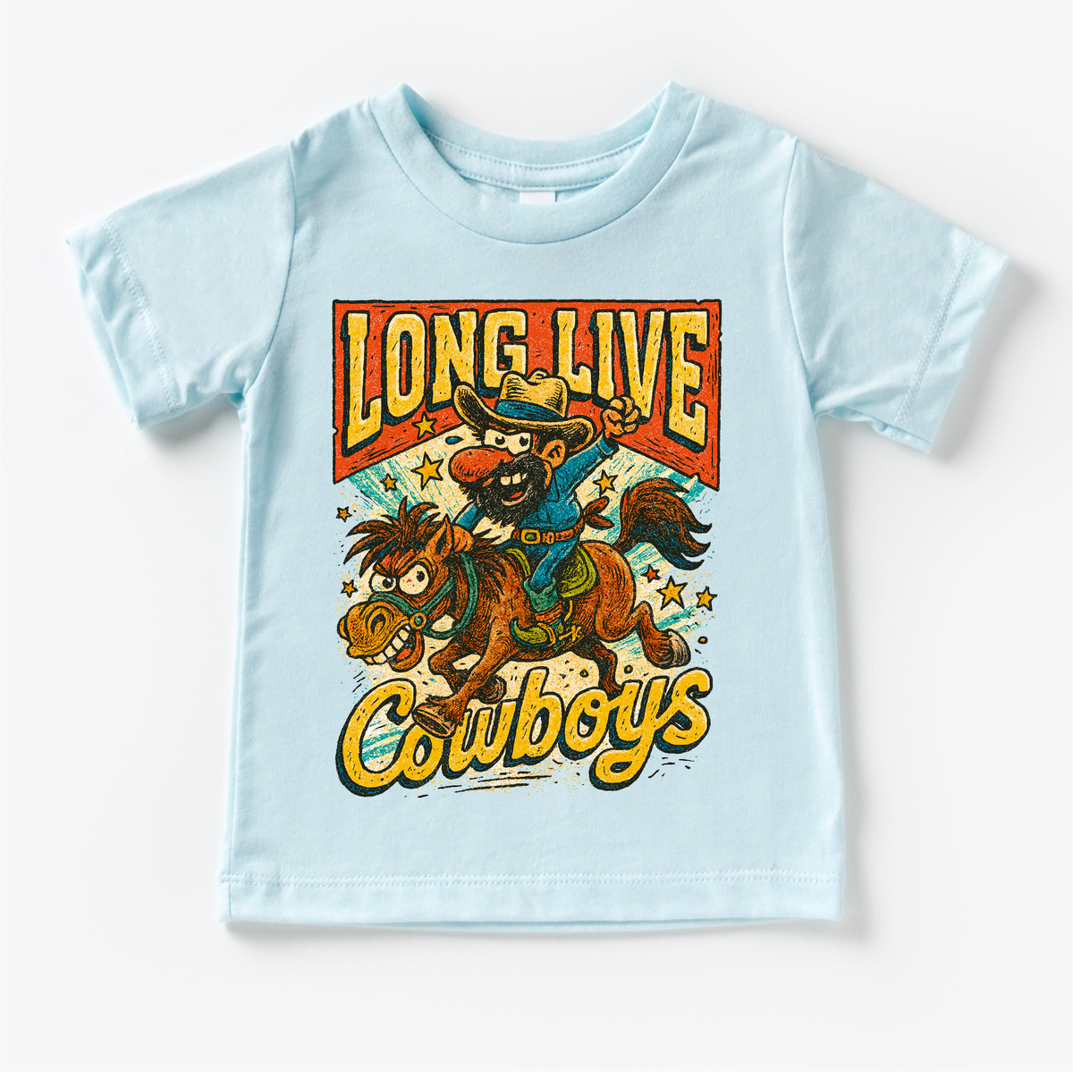 Long Live Cowboys Rodeo Country Western design on a blue garment.