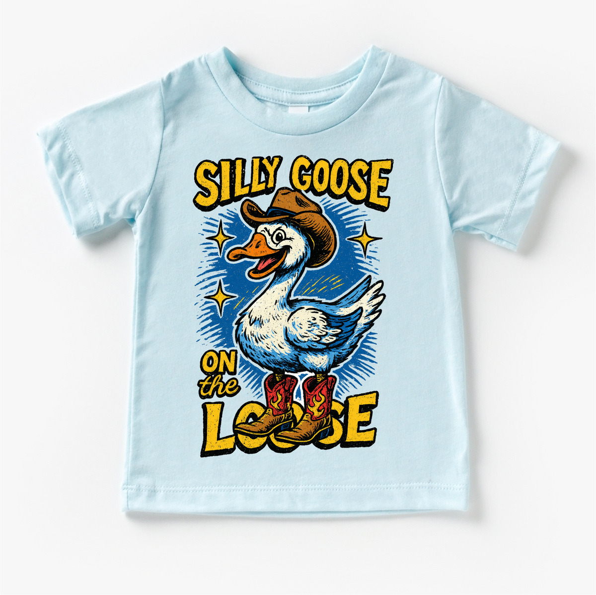 Silly Goose On The Loose Country Western design on a blue garment.