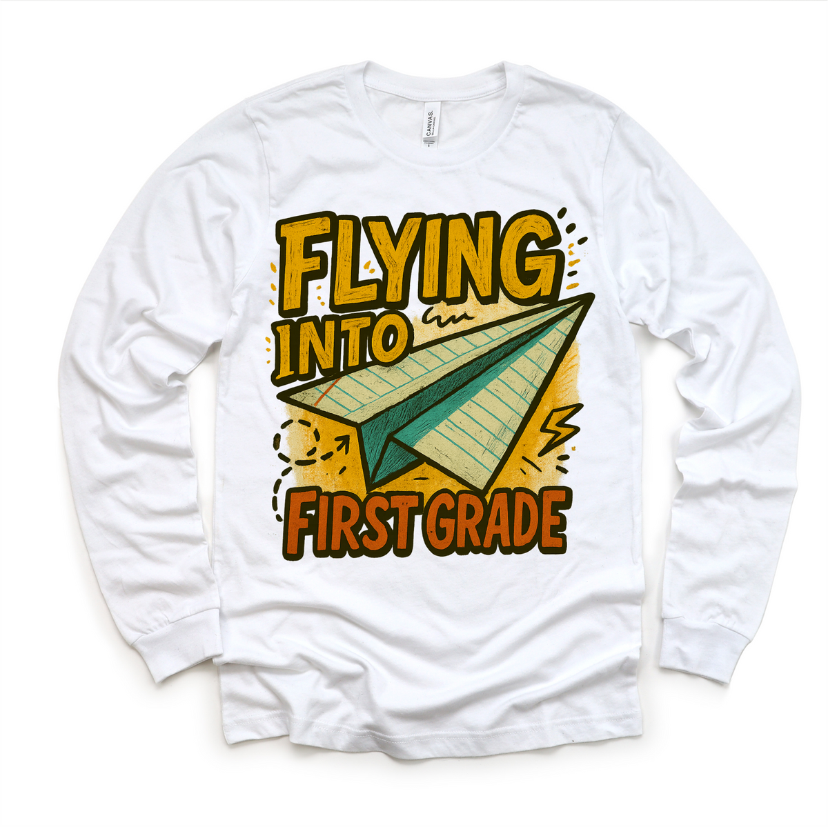 Flying Into First Grade Back To School design on a long sleeve shirt.