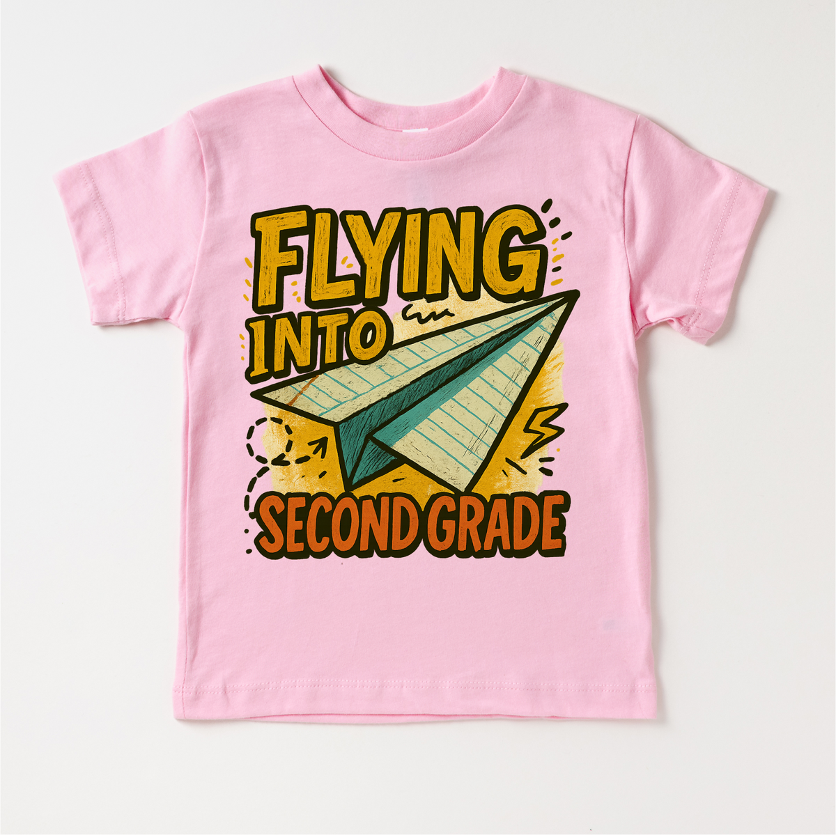 Flying Into Second Grade Back To School design on a pink garment.