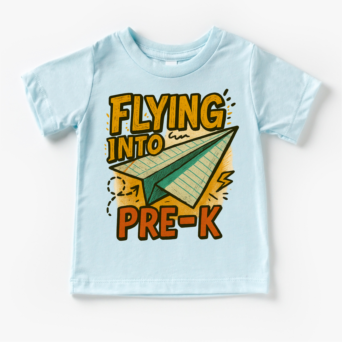 Flying Into Pre-K Back To School design on a blue garment.