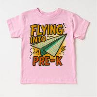 Flying Into Pre-K Back To School design on a pink garment.