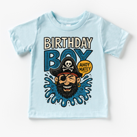 Pirate Birthday Boy design on a blue garment.