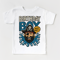 Pirate Birthday Boy design on a white garment.