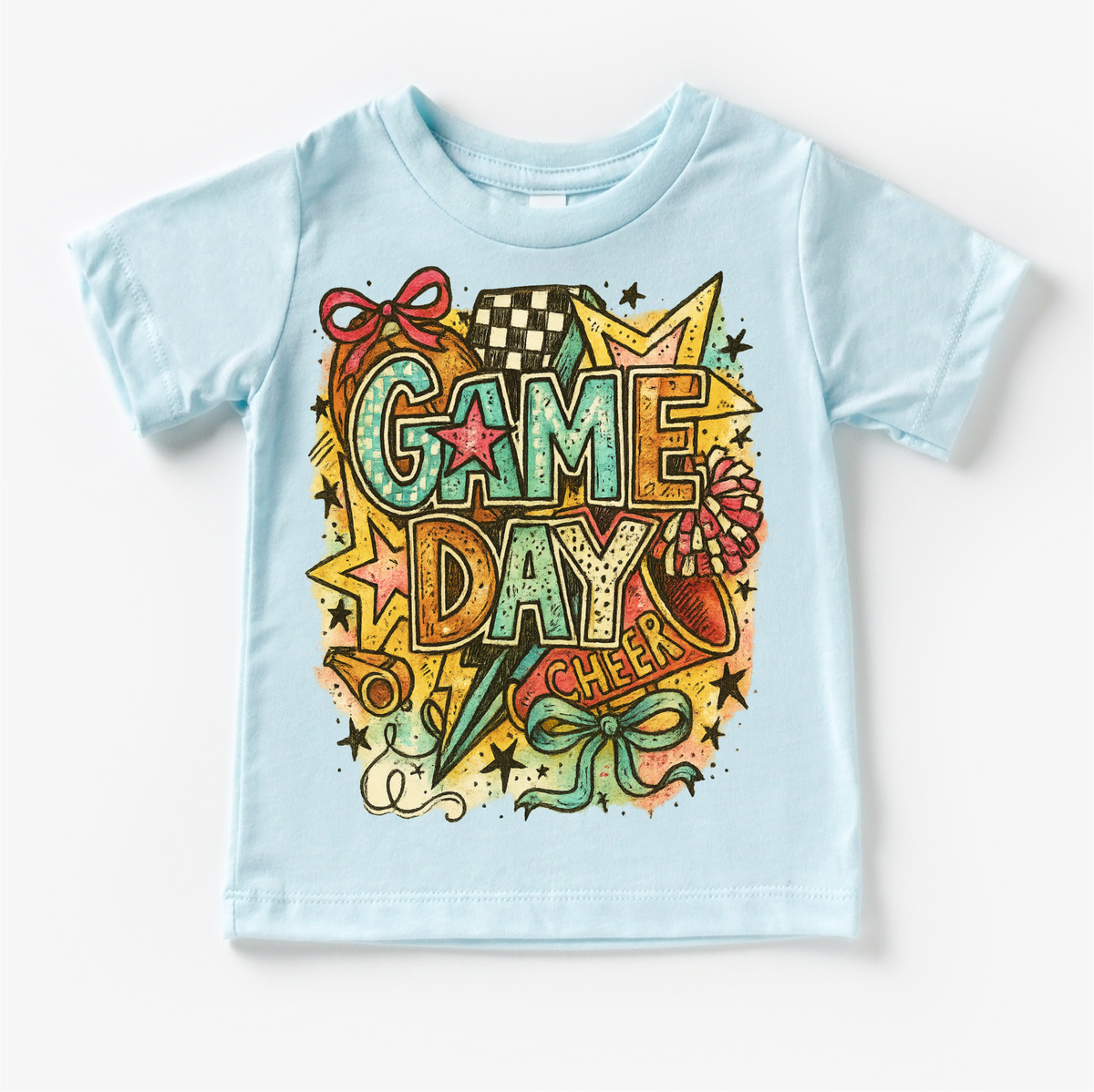 Girls Game Day Football design on a blue garment.