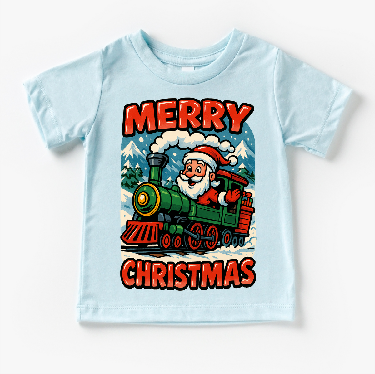 Merry Christmas Santa Train design on a blue garment.