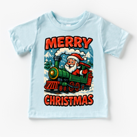Merry Christmas Santa Train design on a blue garment.