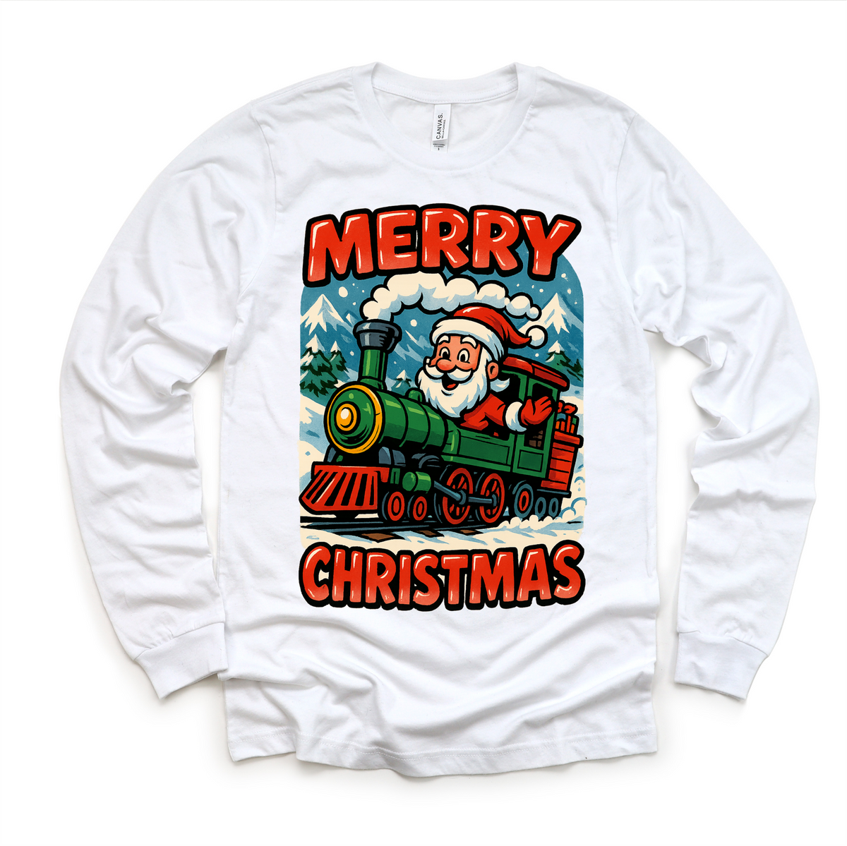 Merry Christmas Santa Train design on a long sleeve shirt.