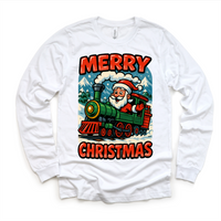 Merry Christmas Santa Train design on a long sleeve shirt.