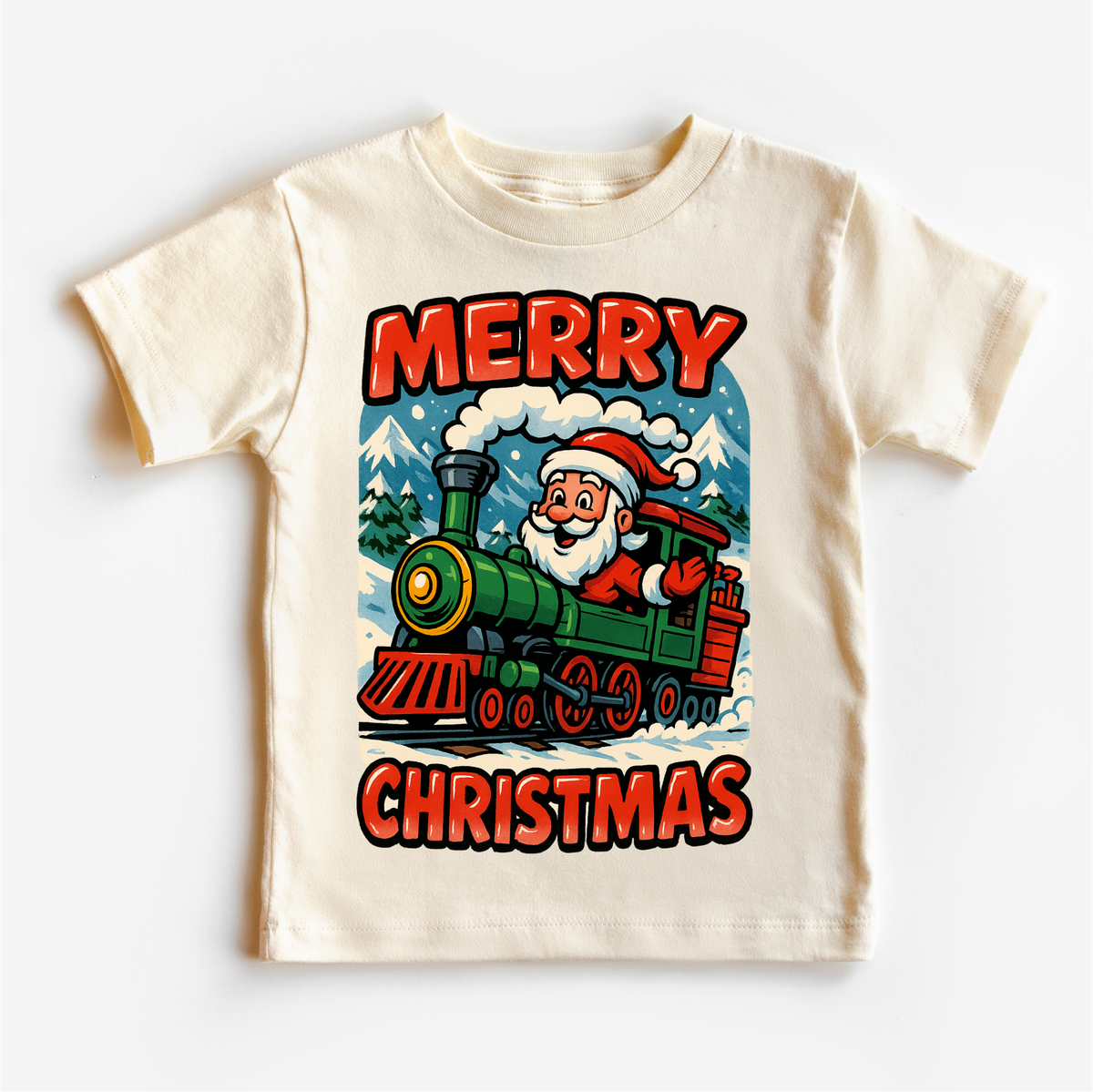 Merry Christmas Santa Train design on a natural garment.