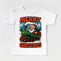 Merry Christmas Santa Train design on a white garment.