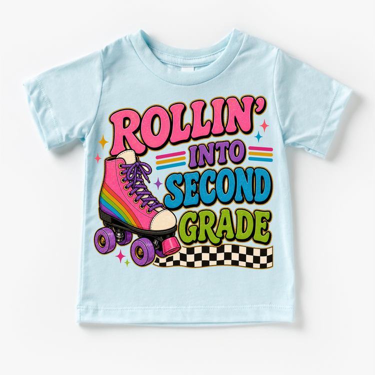 Rollin’ Into Second Grade Roller Skate Shirt, Girls Back To School Tee, 2nd Grade First Day Of School Shirt, Retro Rainbow Skate Graphic Tee