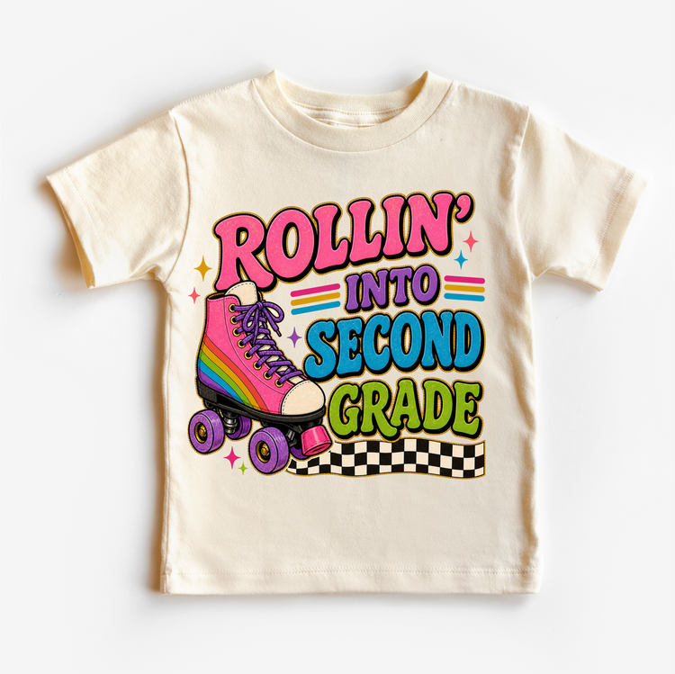 Rollin’ Into Second Grade Roller Skate Shirt, Girls Back To School Tee, 2nd Grade First Day Of School Shirt, Retro Rainbow Skate Graphic Tee