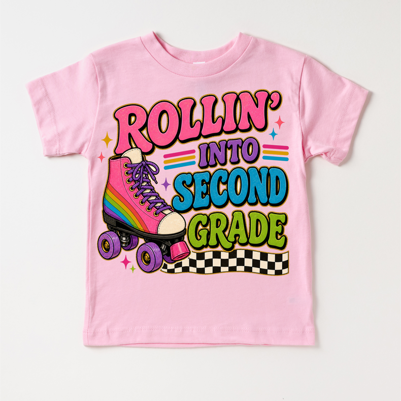 Rollin’ Into Second Grade Roller Skate Shirt, Girls Back To School Tee, 2nd Grade First Day Of School Shirt, Retro Rainbow Skate Graphic Tee