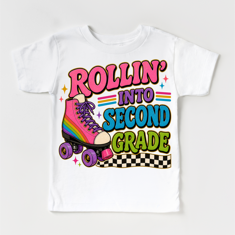 Rollin’ Into Second Grade Roller Skate Shirt, Girls Back To School Tee, 2nd Grade First Day Of School Shirt, Retro Rainbow Skate Graphic Tee