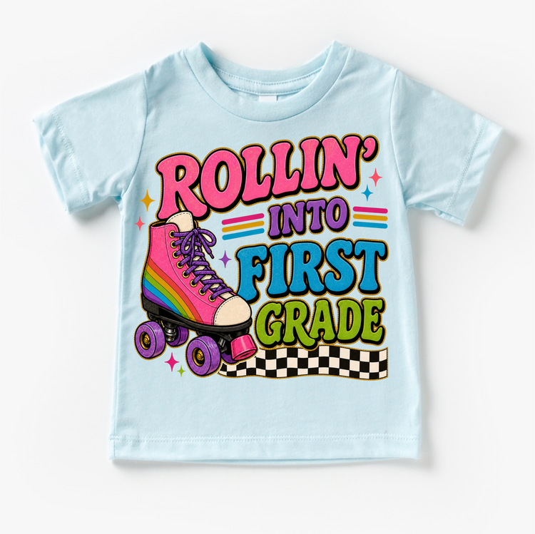 Rollin’ Into First Grade Roller Skate Shirt, Girls Back To School Tee, First Grade First Day Of School Shirt, Retro Rainbow Skate Graphic Tee
