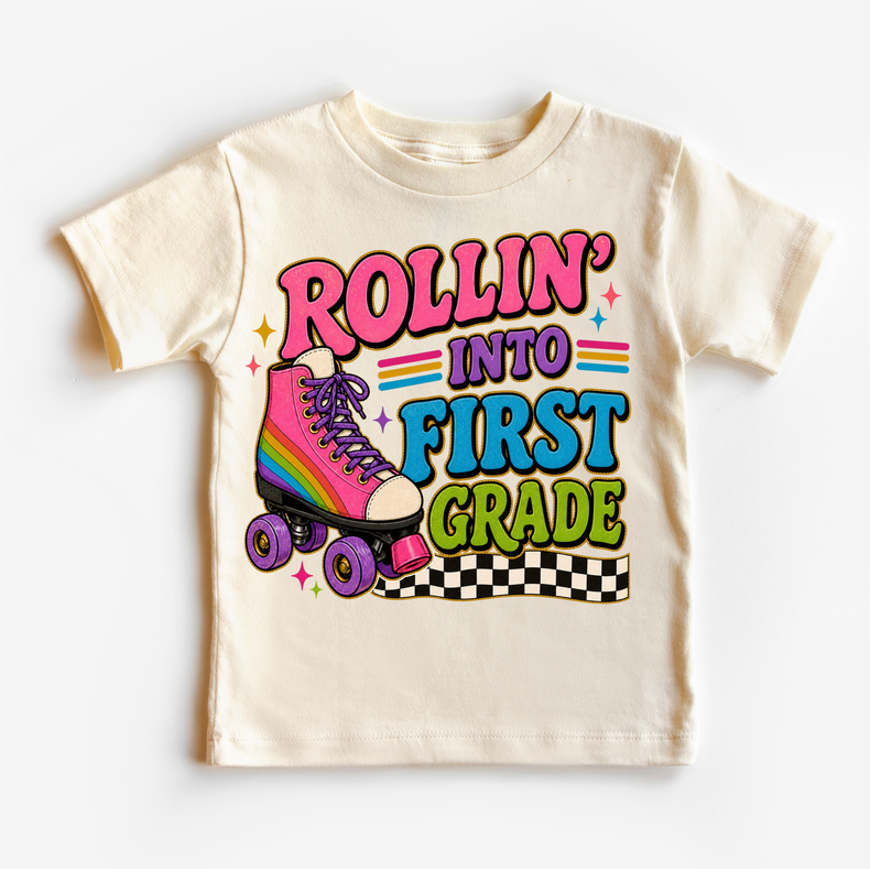 Rollin’ Into First Grade Roller Skate Shirt, Girls Back To School Tee, First Grade First Day Of School Shirt, Retro Rainbow Skate Graphic Tee