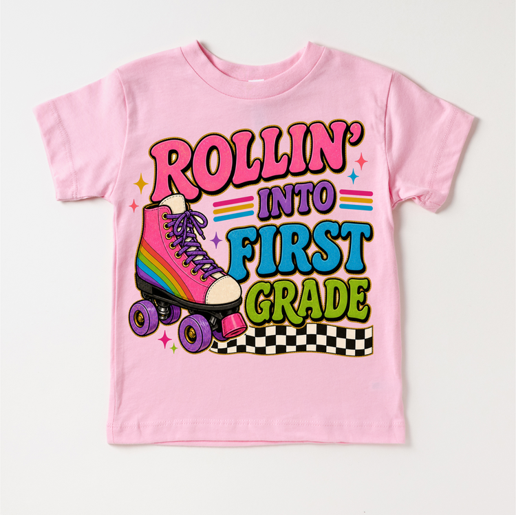 Rollin’ Into First Grade Roller Skate Shirt, Girls Back To School Tee, First Grade First Day Of School Shirt, Retro Rainbow Skate Graphic Tee
