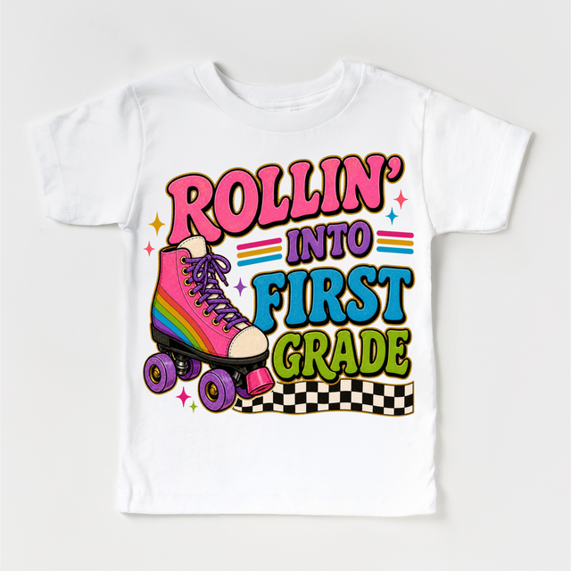 Rollin’ Into First Grade Roller Skate Shirt, Girls Back To School Tee, First Grade First Day Of School Shirt, Retro Rainbow Skate Graphic Tee