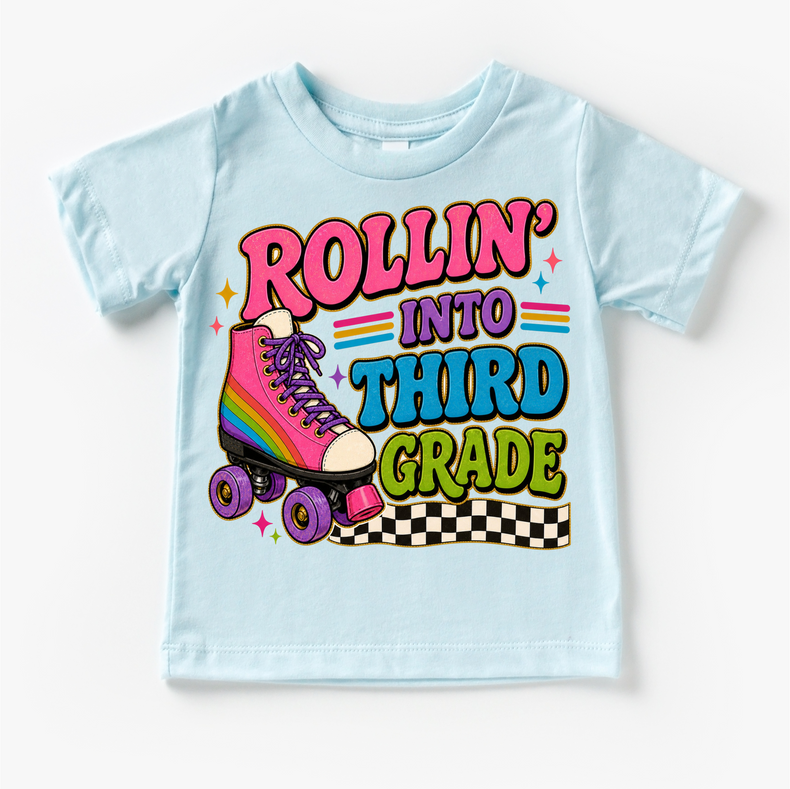 Rollin’ Into Third Grade Roller Skate Shirt, Girls Back To School Tee, 3rd Grade First Day Of School Shirt, Retro Rainbow Skate Graphic Tee