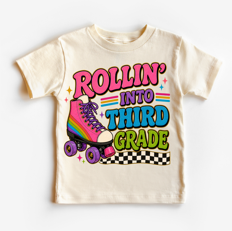 Rollin’ Into Third Grade Roller Skate Shirt, Girls Back To School Tee, 3rd Grade First Day Of School Shirt, Retro Rainbow Skate Graphic Tee