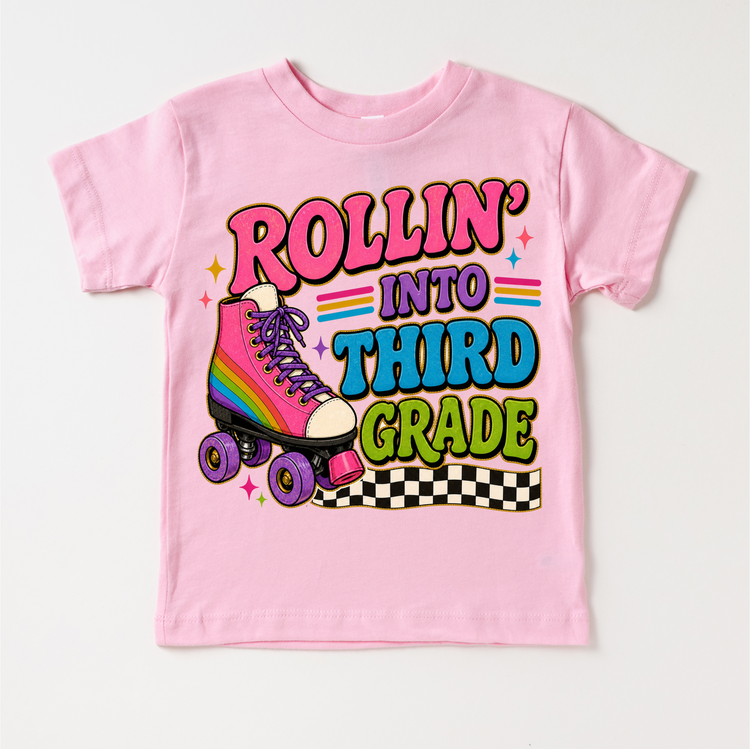 Rollin’ Into Third Grade Roller Skate Shirt, Girls Back To School Tee, 3rd Grade First Day Of School Shirt, Retro Rainbow Skate Graphic Tee